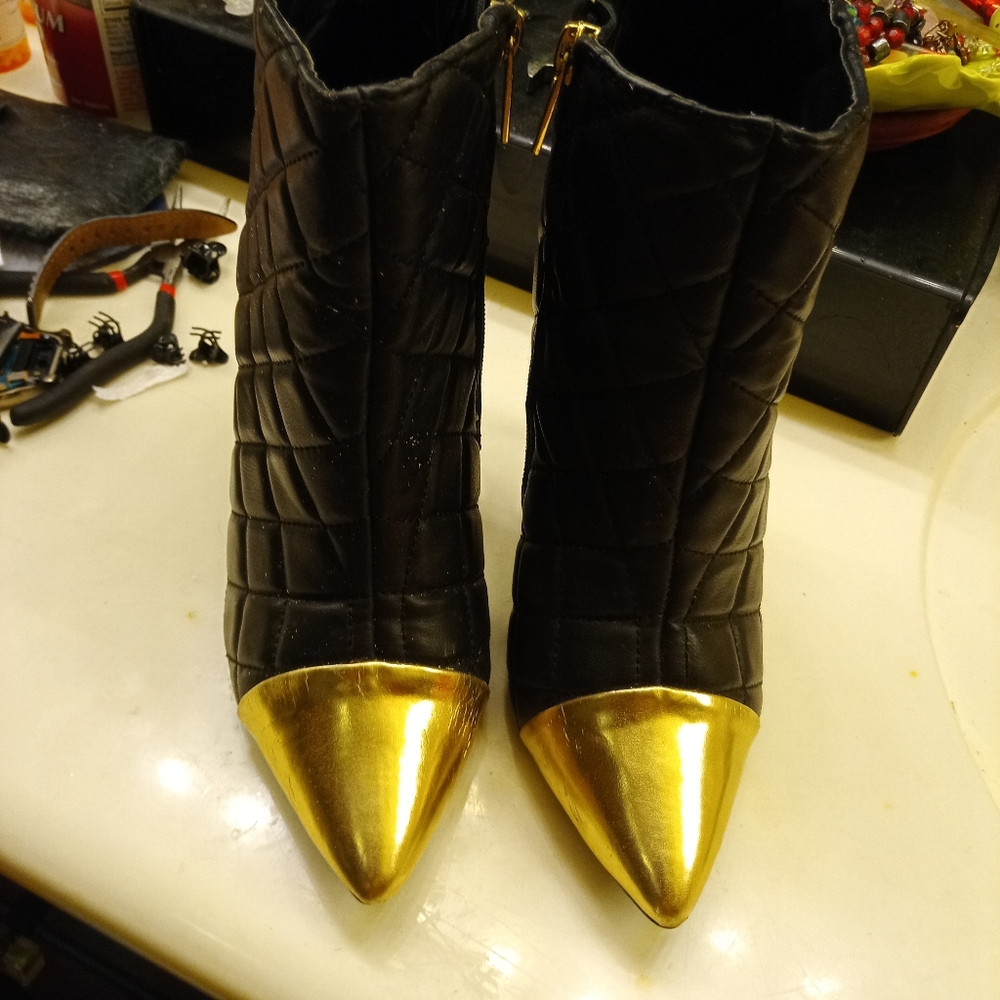 Dollhouse ankle black boots with Gold toe